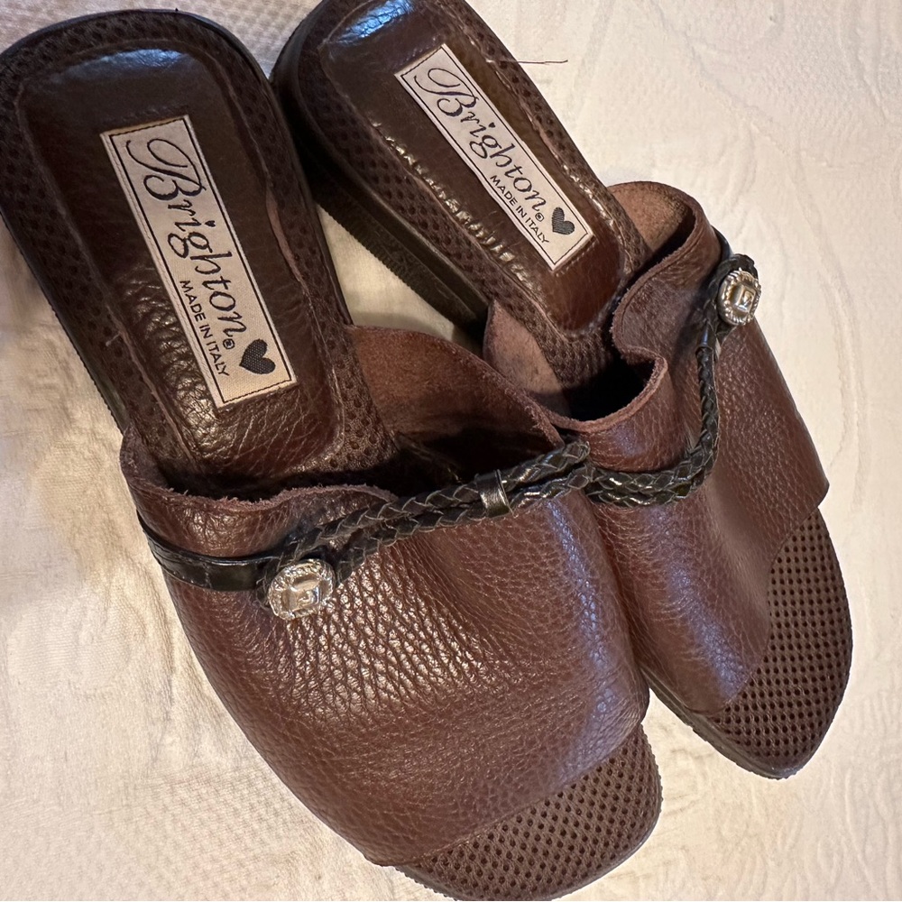 Brighton Brown Leather Braided Slide Sandals with Silver Conchos